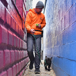 A trainer takes a French Bulldog puppy for a training walk down a narrow alley in Providence, RI. | Leave Your Puppy Alone!